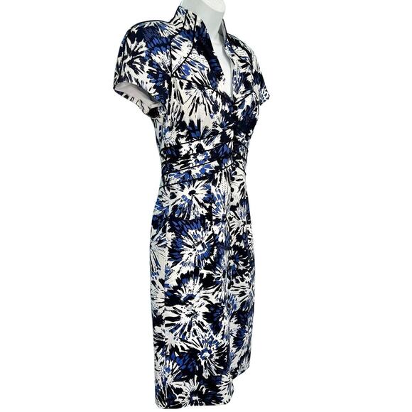 Theia Blue White Black Floral Faux Button Front Mandarin Collar Sheath Dress 2 - Picture 12 of 13